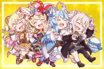  4girls ^_^ animal_ears bear_ears blonde_hair blue_hair blush cat_ears chibi claw_pose closed_eyes fingernails fox_ears fox_girl full_body highres hololive lion_ears lion_girl miloku momosuzu_nene multiple_girls nail_polish omaru_polka open_mouth shishiro_botan silver_hair smile virtual_youtuber yellow_background yukihana_lamy |d 