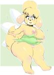  animal_crossing anthro big_breasts breasts canid canine canis clothed clothing disney domestic_dog female genitals isabelle_(animal_crossing) mammal nintendo no_underwear pussy riderx solo thick_thighs tinkerbell video_games yellow_body 