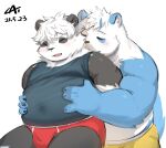  2021 anthro black_body black_fur black_nose blue_body blue_fur blush bulge cai1448331577 clothing duo eyes_closed fur giant_panda hi_res hug hugging_from_behind kemono male male/male mammal overweight overweight_male shirt simple_background topwear underwear ursid white_background white_body white_fur 