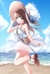  1girl absurdres bag bare_shoulders beach blue_eyes blue_sky blush brown_hair cloud dress hat highres holding holding_clothes holding_hat long_hair looking_at_viewer ocean open_mouth original outdoors reha_r_h sandals shoes sky smile solo standing sun_hat sundress water white_dress 