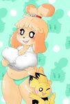  animal_crossing anthro big_breasts big_butt breasts butt canid canine canis clothing domestic_dog duo eyes_closed female feral fur green_background happy hi_res holding_breast isabelle_(animal_crossing) larger_female male male/female mammal mochikirb nintendo pichu pok&eacute;mon pok&eacute;mon_(species) shih_tzu simple_background size_difference slightly_chubby smaller_male tailwag toy_dog underwear video_games wide_hips yellow_body yellow_fur 