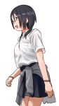  1girl :d absurdres bangs black_hair black_skirt clothes_around_waist collared_shirt dress_shirt grey_eyes hair_between_eyes highres kasa_list long_hair looking_away open_mouth original pleated_skirt shirt short_sleeves simple_background skirt smile solo white_background white_shirt 