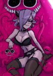  1girl black_bra black_horns black_panties bra foot_out_of_frame gingrjoke hair_over_one_eye half-closed_eyes highres horns liz_(gingrjoke) medium_hair navel original panties parted_lips purple_hair smile underwear underwear_only 