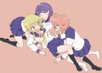  3girls ahoge akamidoriao_(rgb) bangs black_legwear blonde_hair blunt_bangs blush closed_eyes hand_on_another&#039;s_waist highres hinata_yukari ichii_yui kneehighs kneeling long_hair multiple_girls no_shoes nonohara_yuzuko open_mouth pink_background pink_hair purple_hair school_uniform school_uniform_(yuyushiki) serafuku short_hair simple_background socks tickling twintails white_legwear yellow_eyes yuyushiki 