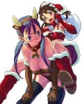  2girls :/ animal_ears areola_slip areolae bat bell bent_over blue_eyes blue_hair boots breasts brown_eyes brown_gloves brown_hair brown_panties carrying cleavage collar covered_nipples cross-laced_clothes cross-laced_legwear deer_ears elbow_gloves fake_animal_ears fake_antlers garter_straps gloves hat large_breasts medium_breasts multiple_girls open_mouth original panties piggyback red_footwear red_gloves red_skirt sameda_koban santa_costume santa_hat skirt smile thighhighs twintails underwear 