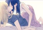  2girls aihara_mei aihara_yuzu all_fours arm_support barefoot bed_sheet black_hair black_shirt blonde_hair breasts casual citrus_(saburouta) closed_eyes commentary couple girl_on_top glidesloe hair_behind_ear highres jewelry kiss kiss_day long_hair long_skirt lying multiple_girls on_back pink_skirt ring sheet_grab shirt short_sleeves skirt small_breasts step-siblings t-shirt toes white_shirt wife_and_wife yuri 