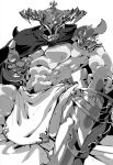  1boy abs armor bara bare_pectorals beckoning draph gauntlets granblue_fantasy greyscale helmet highres kimidori_(dera_kimidori) looking_at_viewer male_focus male_pubic_hair monochrome muscular muscular_male navel navel_hair nipples pauldrons pectorals pelvic_curtain pubic_hair short_hair shoulder_armor sitting solo stomach vaseraga 