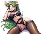  1girl black_bra black_panties bra breasts brown_legwear cowboy_shot gingrjoke green_hair highres kid_icarus large_breasts long_hair navel palutena panties parted_lips simple_background smile solo thighhighs underwear underwear_only white_background 