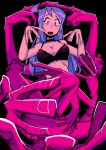  1girl absurdres black_background black_bra black_choker bra breasts choker cleavage gingrjoke halftone hands hands_up highres large_breasts long_hair marcy_(gingrjoke) open_mouth original purple_eyes purple_hair solo underwear upper_body 