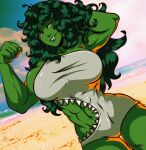  1girl arms_up beach biceps blue_sky cloud cloudy_sky colored_skin cowboy_shot english_commentary green_eyes green_hair green_skin grey_swimsuit half-closed_eyes highres ishmi long_hair marvel muscular muscular_female navel one-piece_swimsuit outdoors parted_lips sharkini she-hulk signature sky smile solo swimsuit water 