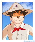  anthro canid canine clothing cloud conditional_dnp costa_rica eyes_closed flag fox handkerchief hat headgear headwear hi_res kerchief male mammal orenji_salmonpaw red_fox shirt sky smile solo tagme topwear villalobossand1 