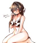  1girl alternate_costume artist_name bikini bikini_bottom_removed black_hair bottomless braid breasts commentary_request dated hair_flaps highres jingei_(kancolle) kantai_collection kirisawa_juuzou large_breasts long_hair looking_at_viewer red_eyes ribbon seiza single_braid sitting solo swimsuit white_background white_bikini white_ribbon 