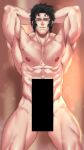  1boy abs armpits arms_behind_head bar_censor bara black_hair censored commission completely_nude fate/grand_order fate_(series) feet_out_of_frame firenzesaika highres hijikata_toshizou_(fate) large_pectorals male_focus messy_hair muscular muscular_male nipples nude pectorals reward_available short_hair skeb_commission smile solo standing stomach thick_thighs thighs 