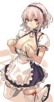  1girl anchor_choker apron azur_lane breasts dress frilled_apron frilled_dress frills kneeling lace-trimmed_hairband lace_trim large_breasts maid puffy_short_sleeves puffy_sleeves red_eyes sameda_koban short_hair short_sleeves sirius_(azur_lane) smile solo thighhighs underbust white_hair zettai_ryouiki 