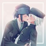  2boys bangs black_hair black_headwear black_jacket blue_eyes blush border cheer_(cheerkitty14) closed_eyes danganronpa_(series) danganronpa_v3:_killing_harmony diagonal-striped_neckwear diagonal_stripes facing_another from_side green_neckwear grey_background grey_eyes grey_hair grey_shirt hat holding_person imminent_kiss jacket keebo looking_at_another male_focus multiple_boys necktie open_mouth saihara_shuuichi shirt short_hair simel smile striped striped_neckwear upper_body upper_teeth white_border yaoi 