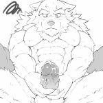  1:1 abs anthro balls blush bodily_fluids canid canine cum edit erection genital_fluids genitals male mammal monochrome muscular muscular_anthro muscular_male nude orgasm pecs penis simple_background solo uncensored urakata5x white_background 