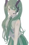  1girl absurdres bare_arms bare_shoulders closed_mouth collared_shirt commentary_request cowboy_shot dress_shirt eyebrows_visible_through_hair green_eyes green_hair green_necktie green_skirt grey_shirt hair_between_eyes hair_over_shoulder hatsune_miku headphones highres kita light_blush long_hair necktie no_detached_sleeves number_tattoo painting_(medium) pleated_skirt shirt shoulder_tattoo sketch skirt sleeveless sleeveless_shirt solo tattoo traditional_media twintails very_long_hair vocaloid watercolor_(medium) white_background 