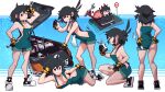  1girl aqua_overalls ass black_gloves black_hair breasts breasts_apart car choker cleavage crab gloves ground_vehicle highres holding holding_wrench long_hair lucia_(scott_malin) motor_vehicle multiple_views naked_overalls original overall_shorts overalls scott_malin sideboob sweat wrench 