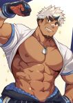  1boy abs absurdres bandaid bandaid_on_nose bara bare_pectorals biceps brown_hair character_request clothes_lift dark-skinned_male dark_skin dog_tags facial_hair flexing gloves goatee highres horns large_pectorals looking_at_viewer male_focus multicolored_hair muscular muscular_male navel nipples open_clothes pectorals pose scar scar_across_eye scar_on_chest shirt_around_neck shirt_lift short_hair sideburns single_horn smirk solo sparkle stomach tokyo_houkago_summoners two-tone_hair upper_body white_hair zifuuuun 