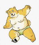  2021 anthro belly black_nose blush brown_body brown_fur bulge canid canine canis clothed clothing domestic_dog erection erection_under_clothing eyes_closed fur hi_res kemono male mammal moobs navel nipples overweight overweight_anthro overweight_male pommn_mn solo underwear white_body white_fur 
