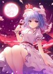  1girl breasts cup dress drinking_glass feet_out_of_frame full_moon hat highres holding holding_cup light_smile looking_at_viewer mob_cap moon night night_sky pink_dress purple_eyes purple_hair remilia_scarlet sky small_breasts solo touhou wine_glass yuzuna_hiyo 