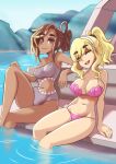  2girls absurdres bikini blonde_hair breasts brown_eyes brown_hair caffeccino cleavage closed_eyes clothing_cutout copyright_request covered_nipples dark-skinned_female dark_skin eyebrows_visible_through_hair grey_swimsuit hairband highres large_breasts long_sleeves looking_at_viewer multiple_girls navel one-piece_swimsuit open_mouth pink_bikini ponytail shadow sharkini single_bare_shoulder smile soaking_feet stomach_cutout swimsuit water watermark web_address white_hairband 