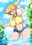  1girl adapted_costume asymmetrical_hair bare_arms bare_legs blush breasts commentary_request curvy day denim denim_shorts english_commentary eyebrows_visible_through_hair green_eyes gym_leader highres huge_breasts large_breasts legs looking_at_viewer midriff misty_(pokemon) mixed-language_commentary navel one_eye_closed open_mouth orange_hair outdoors pokemon pokemon:_the_electric_tale_of_pikachu ponytail reward_available shirt short_hair short_shorts shorts side_ponytail smile solo suspenders tank_top thick_thighs thighs tied_hair underboob wading water wet wide_hips yellow_shirt yellow_tank_top yensh 