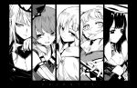  5girls angry_num bangs breasts cleavage cleavage_cutout clothing_cutout column_lineup earrings feather_earrings feathers flat_chest gawr_gura greyscale hair_ornament highres holding hololive hololive_english holomyth jewelry long_hair looking_ahead looking_to_the_side looking_up mole mole_under_eye monochrome monocle_hair_ornament mori_calliope multiple_girls ninomae_ina&#039;nis open_mouth takanashi_kiara tentacle_hair tiara two_side_up virtual_youtuber watson_amelia 