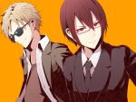  2boys blonde_hair brown_hair dress_shirt ear_piercing formal highres koumei_(twinameless) multiple_boys necktie open_clothes open_shirt original piercing red-framed_eyewear shirt smirk suit sunglasses upper_body 