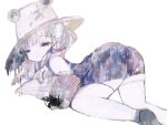  1girl :3 abstract anabone bent_over blonde_hair brown_headwear dress facing_viewer hat headwear highres ink_stain long_sleeves looking_at_viewer moriya_suwako purple_dress short_hair smirk solo thighhighs touhou 