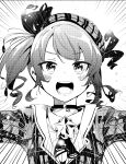  1girl choker commentary_request emphasis_lines greyscale hat highres hololive hoshimachi_suisei monochrome nikumaru open_mouth outstretched_arms round_teeth side_ponytail smile solo star_(symbol) teeth upper_body virtual_youtuber 
