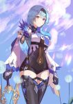  1girl blue_hair blue_sky bodystocking breasts cape cloud cloudy_sky dandelion eula_lawrence flower genshin_impact gloves hairband highres holding holding_sword holding_weapon lan_qiandai leotard long_sleeves necktie purple_eyes sky solo sword thighhighs weapon wide_sleeves 