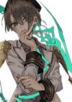  1boy bangs beret blunt_bangs brown_hair choker collared_shirt eyebrows_visible_through_hair gretel_(sinoalice) hat jacket looking_at_viewer ojo_aa open_mouth otoko_no_ko parted_lips shirt short_hair signature sinoalice solo teeth twitter_username white_background 