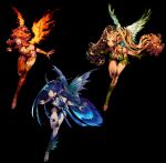  3girls :d absurdres barefoot black_background blonde_hair blue_eyes blue_hair breasts closed_mouth fairy feathered_wings fiery_wings flying green_eyes heart heart-shaped_pupils heterochromia highres horns long_hair looking_at_viewer medium_breasts mole mole_under_eye mole_under_mouth multiple_girls navel open_mouth original pigeon666 pointy_ears purple_eyes red_eyes red_hair red_legwear sandals simple_background skin-covered_horns small_breasts smile symbol-shaped_pupils thighhighs toenails twintails very_long_hair wings 