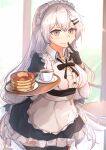  1girl absurdres alternate_costume apron black_dress black_gloves black_legwear breasts coffee_mug cowboy_shot cup dress enmaided food frilled_dress frills girls_frontline gloves grey_eyes grey_hair hair_ornament hairclip highres holding holding_tray long_hair maid maid_apron maid_headdress medium_breasts mug muteppona_hito pancake plate short_dress solo standing svd_(girls_frontline) thighhighs tray white_apron 