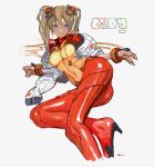  1girl adapted_costume alternate_hairstyle ass bangs blue_eyes bodysuit bracer brown_hair clenched_hand clothes_writing covered_navel etama_quomo evangelion:_2.0_you_can_(not)_advance hair_ornament hair_up hairpods high_heels hip_focus interface_headset jacket long_hair looking_at_viewer lying multicolored multicolored_bodysuit multicolored_clothes neon_genesis_evangelion off_shoulder on_side open_clothes open_jacket orange_bodysuit parted_lips photoshop_(medium) pilot_suit plugsuit rebuild_of_evangelion red_bodysuit see-through simple_background sketch solo souryuu_asuka_langley test_plugsuit turtleneck twintails white_background 