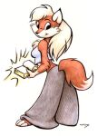  anthro black_eyes blonde_hair book canid canine clothed clothing female fox fully_clothed fur hair looking_back mammal megan_giles red_body red_fox red_fur simple_background smile solo white_background white_body white_fur 