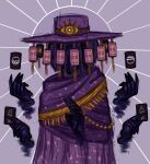 1other blaseball card colored_skin constellation_print covered_face english_commentary gold_trim hands hat_ornament highres purple_background purple_headwear purple_robe purple_skin seascraperr simple_background tarot the_reader_(blaseball) 