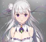  1girl bangs bare_shoulders braid breasts cleavage crown_braid detached_collar detached_sleeves elf emilia_(re:zero) eyebrows_visible_through_hair flower gem hair_flower hair_ornament hair_ribbon highres long_hair looking_at_viewer medium_breasts pointy_ears purple_eyes purple_ribbon re:zero_kara_hajimeru_isekai_seikatsu ribbon silver_hair simple_background solo upper_body weee_(raemz) white_flower 