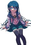  1girl absurdres arm_support arms_at_sides bangs black_legwear blue_eyes blue_hair blue_skirt bow closed_mouth collarbone danganronpa:_trigger_happy_havoc danganronpa_(series) feet_out_of_frame grgrton hair_ornament hairclip highres invisible_chair long_hair long_sleeves looking_at_viewer maizono_sayaka miniskirt pink_bow pink_neckwear plaid plaid_skirt pleated_skirt school_uniform serafuku shirt simple_background sitting skirt smile solo symbol_commentary thighhighs white_background white_shirt zettai_ryouiki 