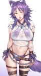  1girl absurdres animal_ear_fluff animal_ears arm_belt bangs belt bikini blush bracelet breasts brown_eyes chain collarbone criss-cross_halter halterneck highleg highleg_bikini highres jewelry large_breasts makoto_(princess_connect!) medium_hair navel open_mouth princess_connect! purple_bikini purple_hair shirt short_sleeves sidelocks swimsuit tail thigh_strap thighs white_shirt wolf_ears wolf_girl wolf_tail yakimi_27 