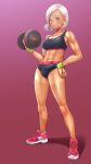  1girl abs black_sports_bra bulge daisy_mitsumata dumbbell erection erection_under_clothes futanari hand_on_hip highres midriff muscular muscular_female original shoes short_hair sneakers solo sports_bra tan tanline weightlifting weights white_hair wristband yellow_eyes 