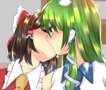  2girls ascot bare_shoulders blue_eyes blue_neckwear blush bow brown_hair closed_eyes collar collarbone collared_shirt commentary_request eyebrows_visible_through_hair frilled_bow frilled_shirt_collar frills frog_hair_ornament green_hair hair_bow hair_ornament hair_tubes hakurei_reimu head_tilt highres kiss kochiya_sanae long_hair looking_at_another mokutan_(link_machine) multiple_girls necktie portrait red_bow red_shirt shiny shiny_hair shirt sleeveless sleeveless_shirt snake_hair_ornament sweatdrop touhou two-tone_shirt white_collar white_shirt yellow_neckwear yuri 