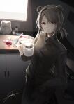  1girl absinthe_(arknights) animal_ears arknights artist_name bear_ears black_jacket commentary_request cowboy_shot cup grey_hair hand_up highres holding holding_cup indoors jacket knife long_sleeves mug partial_commentary plate red_eyes sakusyo short_hair signature solo 
