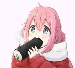  1girl bangs blue_eyes commentary_request eating ehoumaki eyebrows_visible_through_hair food hair_between_eyes hair_down highres holding holding_food jacket kagamihara_nadeshiko light_blush makizushi maruyo open_mouth pink_hair red_jacket rice scarf seaweed simple_background solo squirrel steam sushi teeth white_background white_scarf yurucamp 