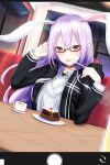  1girl :p animal_ears bespectacled black_jacket blush breasts bunny_ears cake cup dutch_angle food fork framed glasses highres holding holding_fork indoors jacket large_breasts long_hair looking_at_viewer night phone_screen purple_hair red_eyes reisen_udongein_inaba solo tongue tongue_out touhou very_long_hair window xialuluo_(sharuro) 