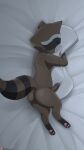  2021 absurd_res anthro barefoot bed black_body black_fur black_nose black_tail brown_body brown_fur brown_tail butt cute_expression cute_face erection eyes_closed feet fluffy fluffy_tail fur furniture genitals guardians_of_the_galaxy hi_res hind_legs hugging_pillow humanoid_genitalia humanoid_penis lying male mammal marvel multicolored_body multicolored_fur multicolored_tail nude on_bed on_side patreon pawpads paws penis pillow presenting presenting_hindquarters presenting_penis procyonid raccoon rocket_raccoon smile solo white_body white_fur winick-lim 