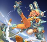  1girl animal_ears blue_eyes blue_sky bodysuit breasts bunny_ears bunny_tail carrot condensation_trail controller dark-skinned_female dark_skin dutch_angle english_commentary fake_animal_ears fake_tail firing flying full_body helmet horizon itano_circus joystick kneepits looking_at_viewer missiles orange_bodysuit original pink_hair power_suit roboteching short_hair short_twintails skin_tight sky small_breasts smile solo tail thrusters twintails upper_teeth visor xavier_houssin 