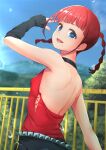  1girl arm_up armpit_peek asukagawa_chise backless_outfit bare_shoulders blue_eyes braid choker detached_sleeves fence flat_chest from_behind gridman_universe highres looking_at_viewer mole mole_under_mouth mountain oshiza red_hair shoulder_blades single_detached_sleeve solo sparkle ssss.dynazenon straight_hair tree twin_braids upper_body water_drop 
