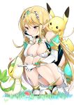  bangs bare_legs bare_shoulders blonde_hair breasts chest_jewel cleavage cleavage_cutout clothing_cutout crossover daive dress earrings elbow_gloves gen_1_pokemon gen_5_pokemon gloves highres jewelry large_breasts long_hair mythra_(xenoblade) pikachu pokemon short_dress snivy swept_bangs thigh_strap tiara very_long_hair white_dress white_footwear white_gloves xenoblade_chronicles_(series) xenoblade_chronicles_2 yellow_eyes 